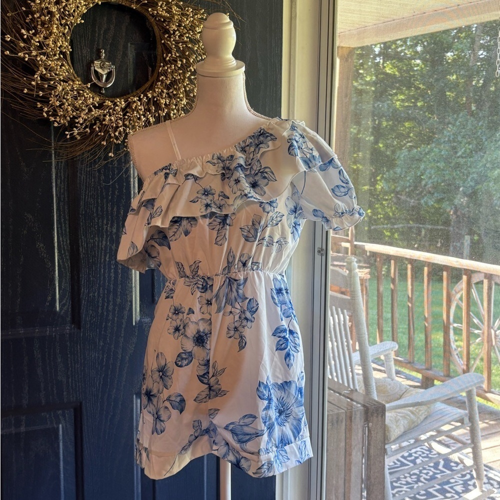 SHEIN Blue and White Asymmetrical Ruffled Romper